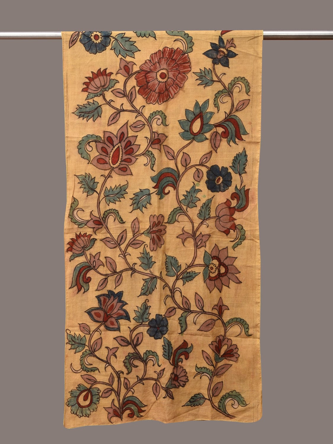 Light Yellow Kalamkari Hand Painted Cotton Stole with Floral Design - Global Threads - Distacart