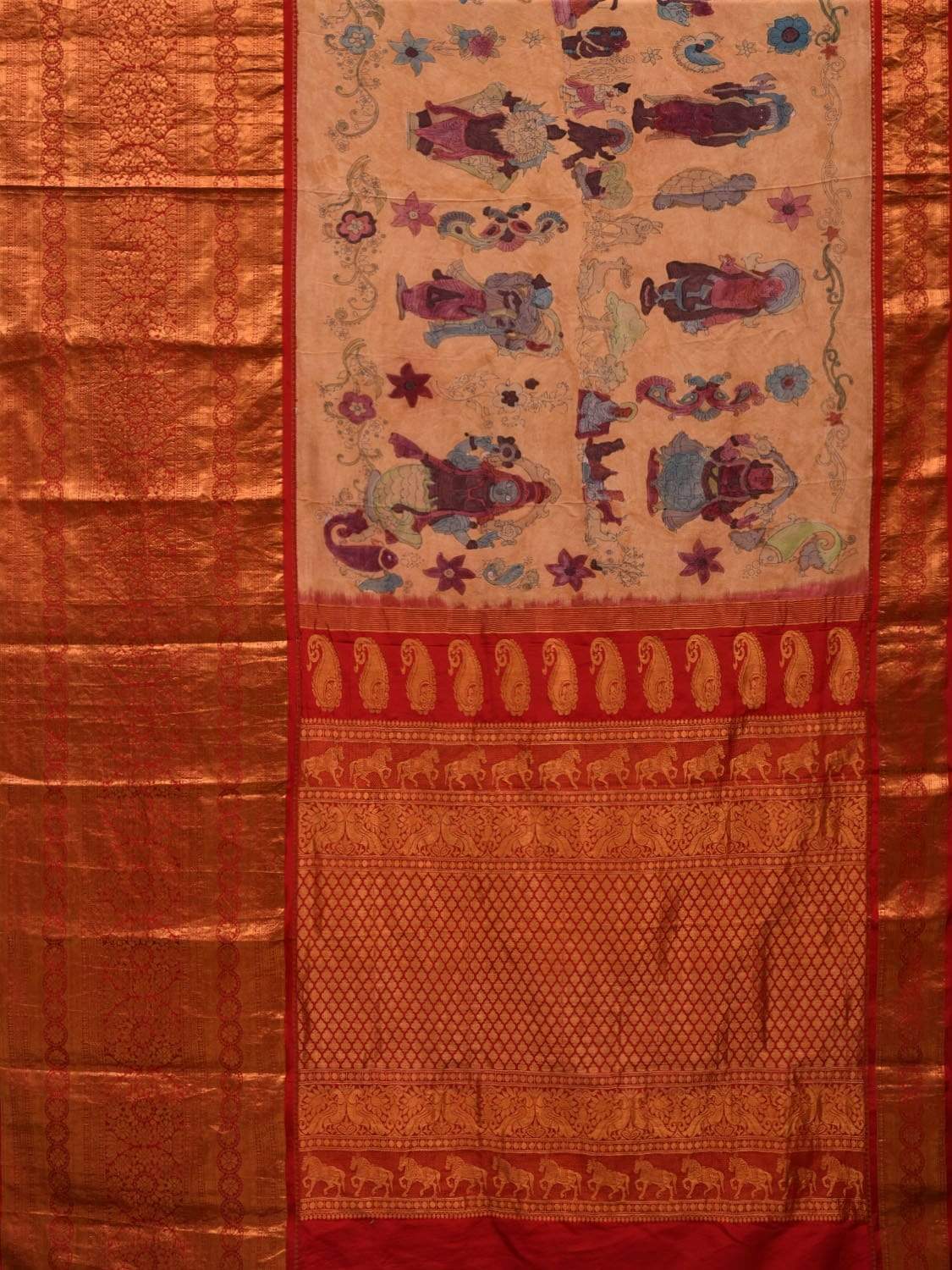 Light Yellow Kalamkari Hand Painted Kanchipuram Silk Handloom Saree with Dashavatar Design - Global Threads - Distacart