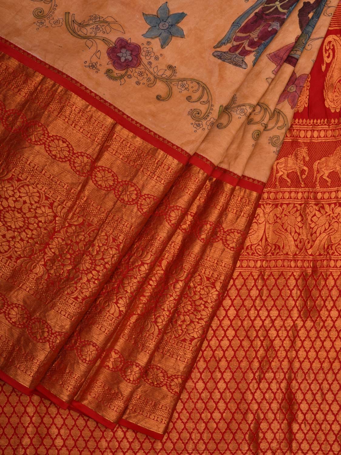 Light Yellow Kalamkari Hand Painted Kanchipuram Silk Handloom Saree with Dashavatar Design - Global Threads - Distacart