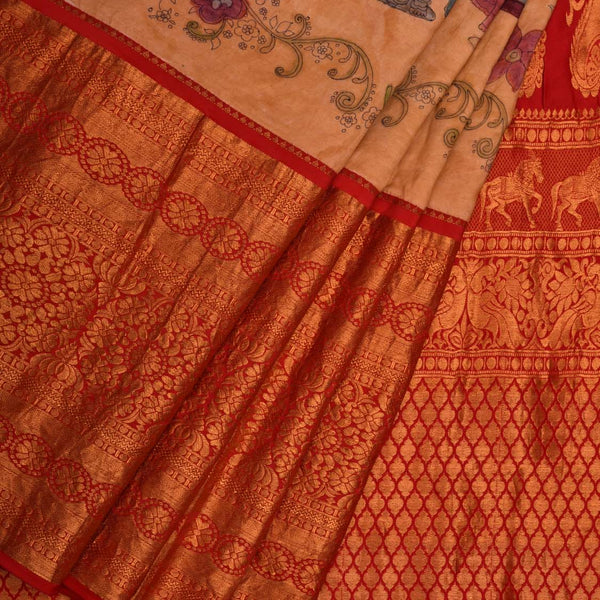 Light Yellow Kalamkari Hand Painted Kanchipuram Silk Handloom Saree with Dashavatar Design - Global Threads - Distacart