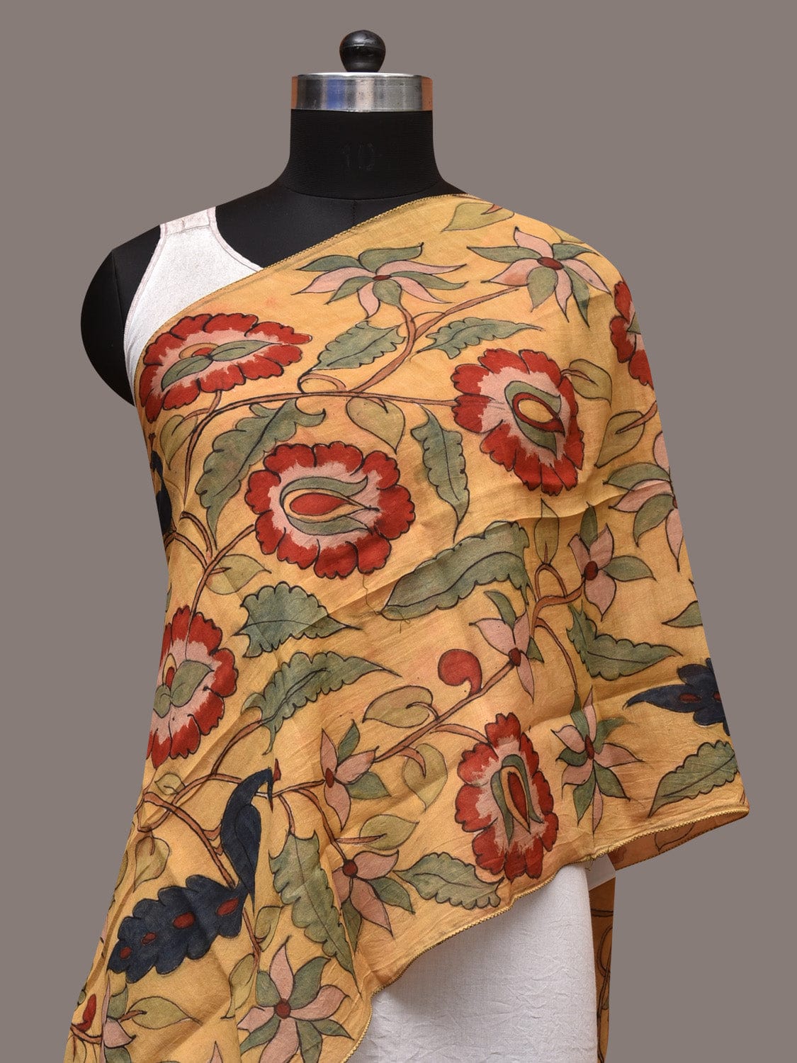 Light Yellow Kalamkari Hand Painted Sico Stole with Floral and Peacocks Design - Global Threads - Distacart