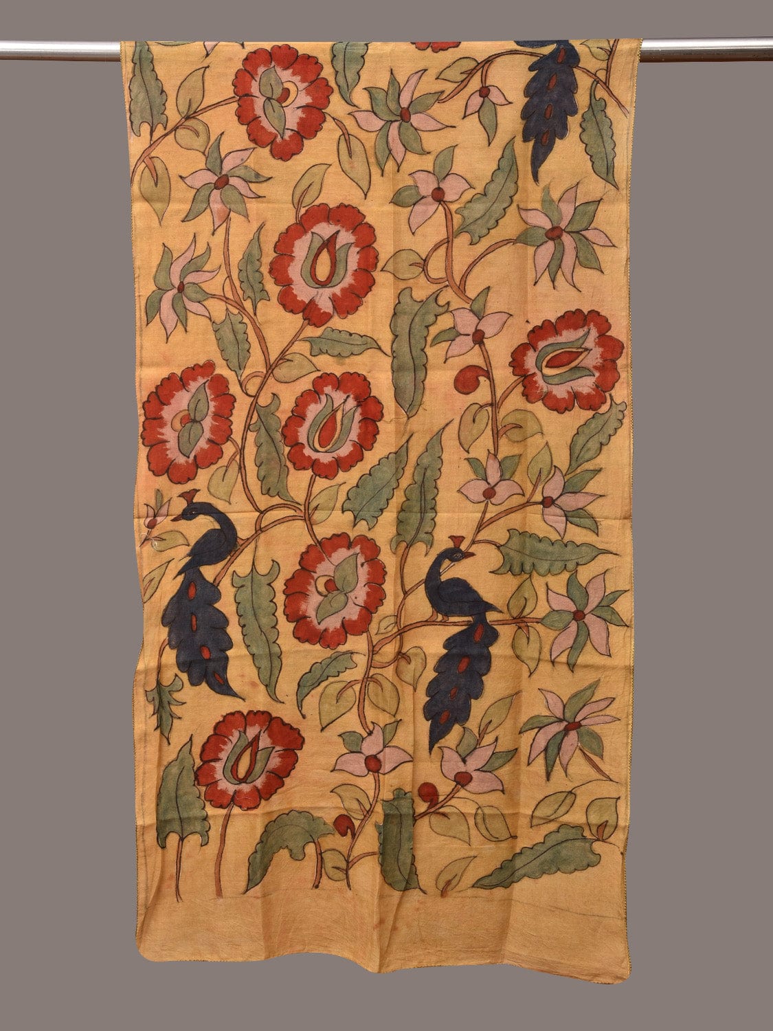 Light Yellow Kalamkari Hand Painted Sico Stole with Floral and Peacocks Design - Global Threads - Distacart