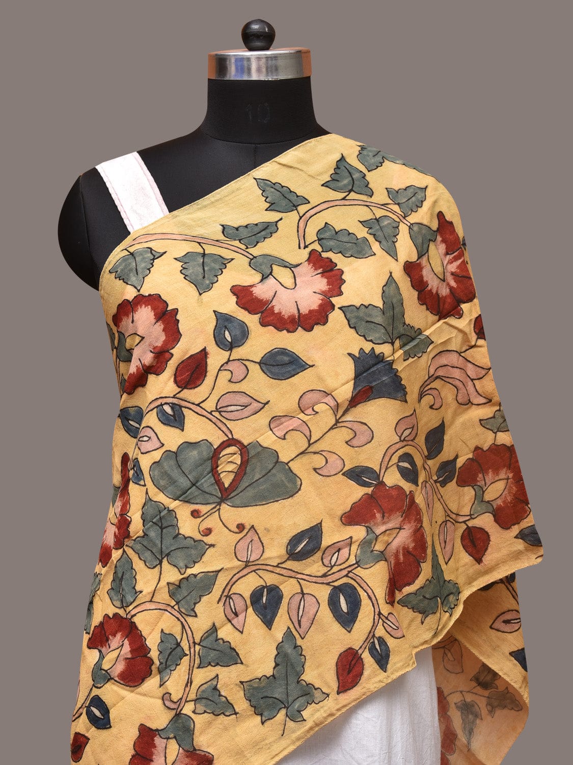 Light Yellow Kalamkari Hand Painted Sico Stole with Floral Design - Global Threads - Distacart