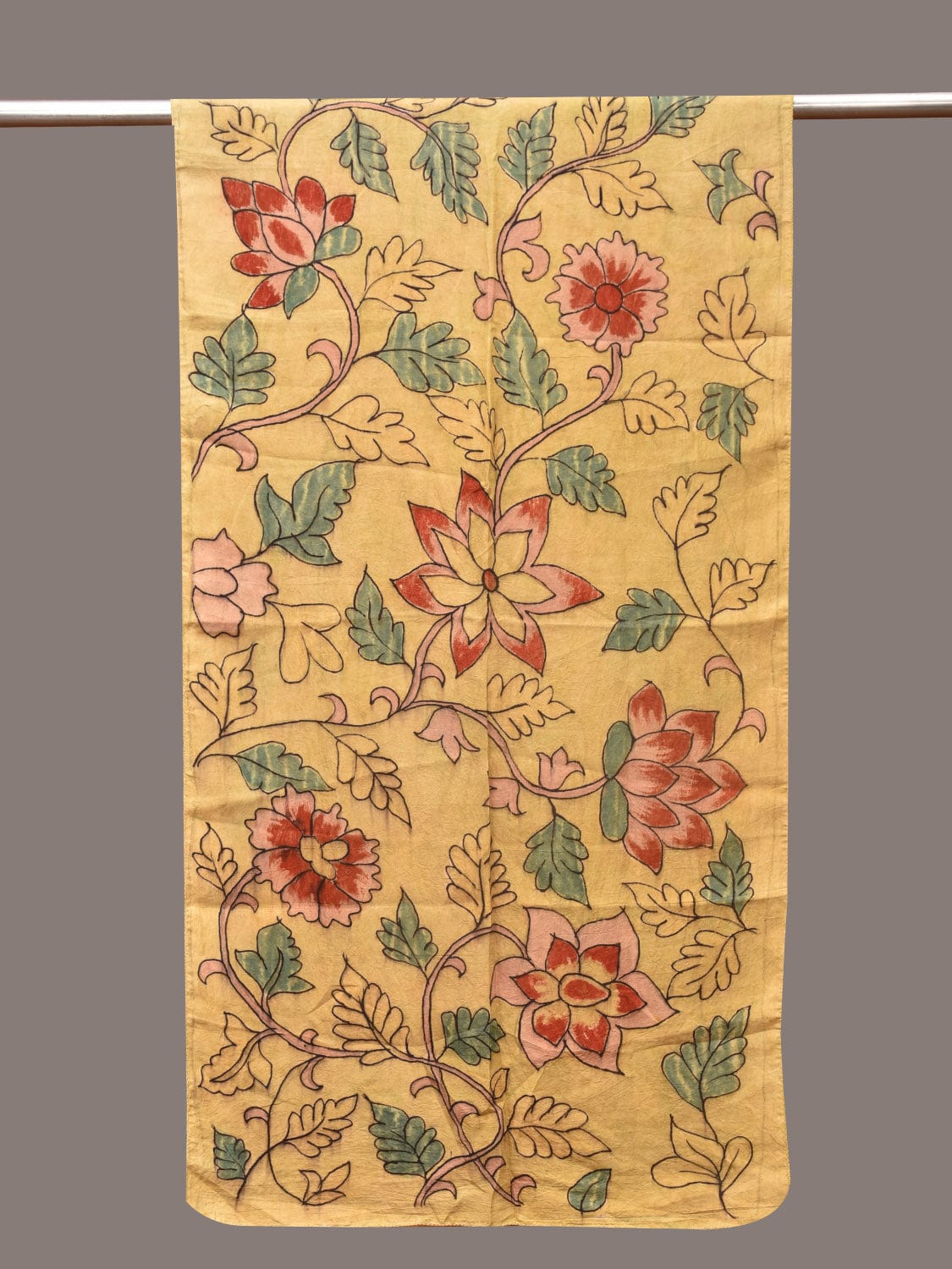 Light Yellow Kalamkari Hand Painted Sico Stole with Floral Design - Global Threads - Distacart