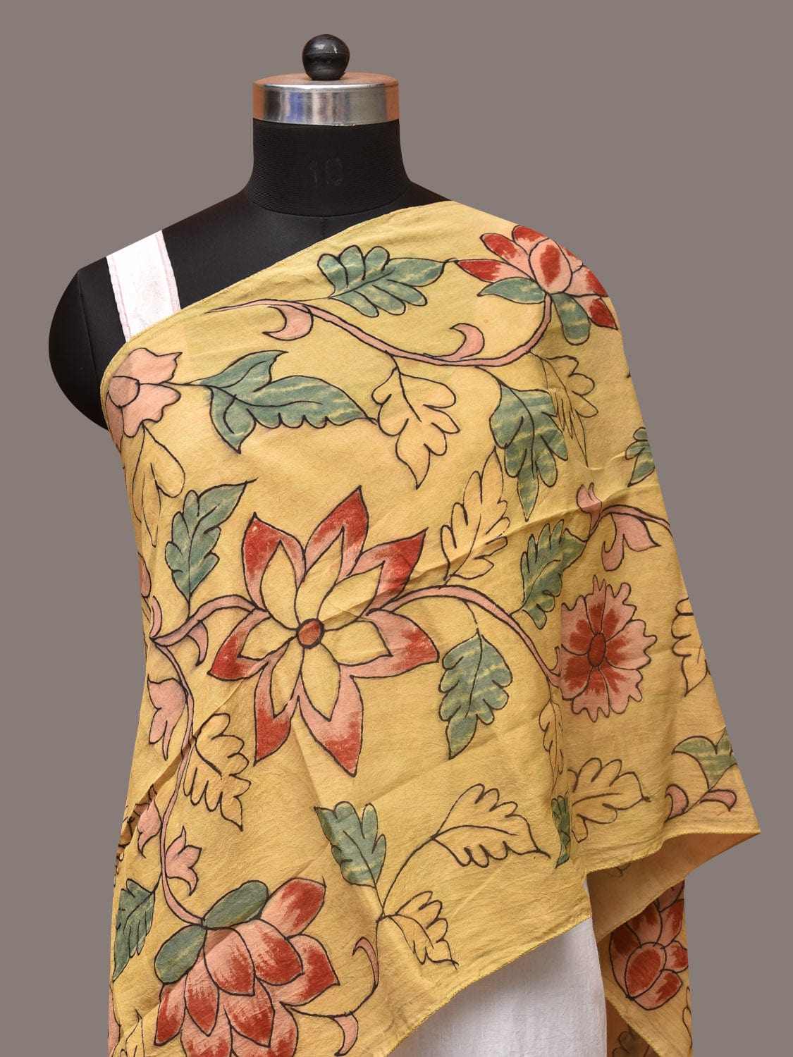 Light Yellow Kalamkari Hand Painted Sico Stole with Floral Design - Global Threads - Distacart