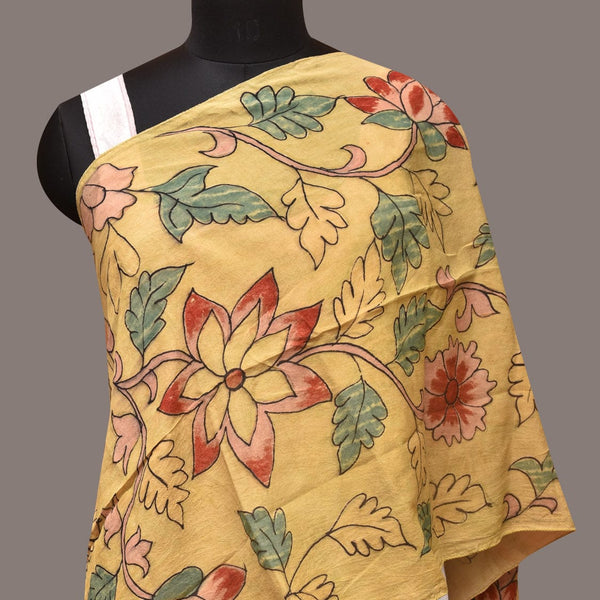 Light Yellow Kalamkari Hand Painted Sico Stole with Floral Design - Global Threads - Distacart