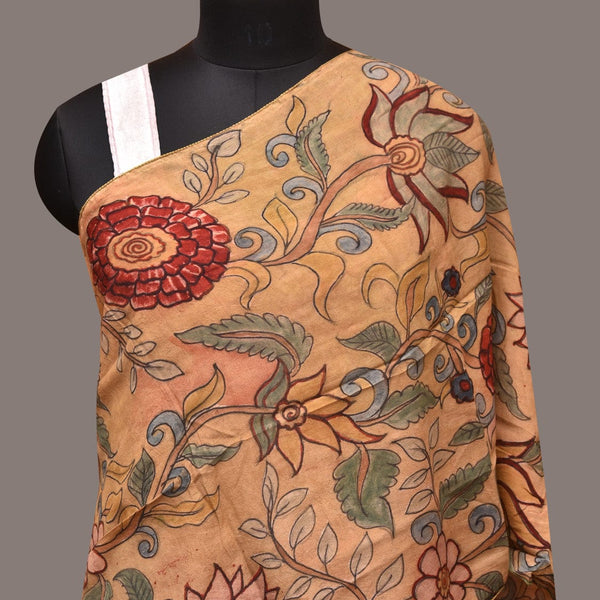 Light Yellow Kalamkari Hand Painted Sico Stole with Floral Design - Global Threads - Distacart