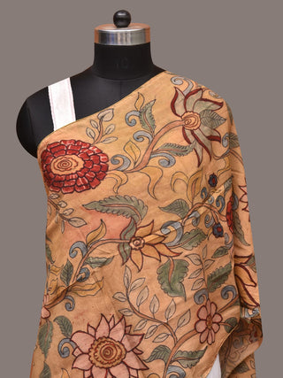 Light Yellow Kalamkari Hand Painted Sico Stole with Floral Design - Global Threads - Distacart
