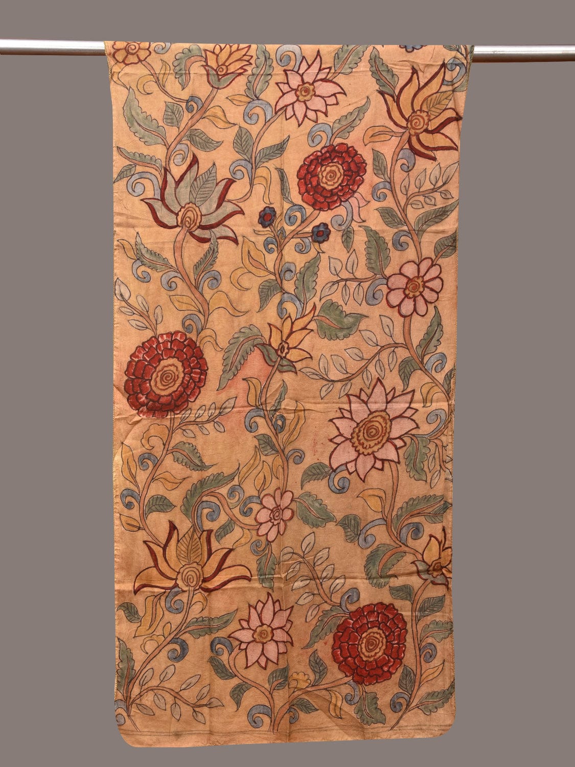 Light Yellow Kalamkari Hand Painted Sico Stole with Floral Design - Global Threads - Distacart