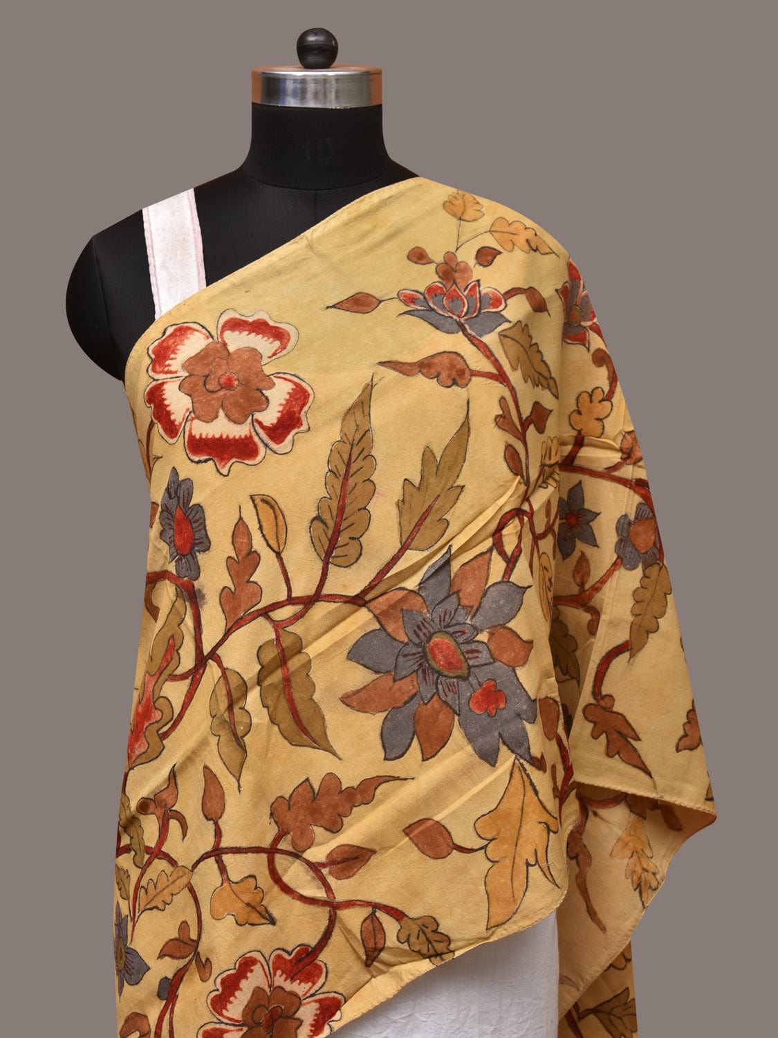 Light Yellow Kalamkari Hand Painted Sico Stole with Floral Design - Global Threads - Distacart