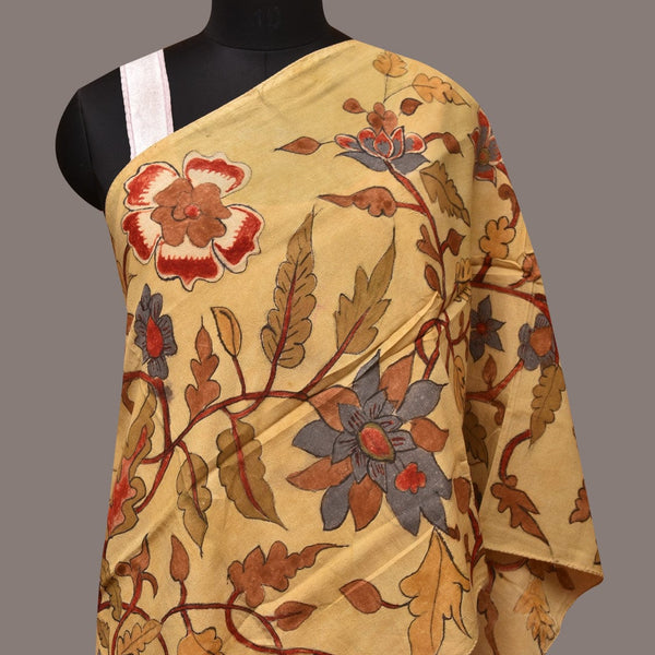 Light Yellow Kalamkari Hand Painted Sico Stole with Floral Design - Global Threads - Distacart