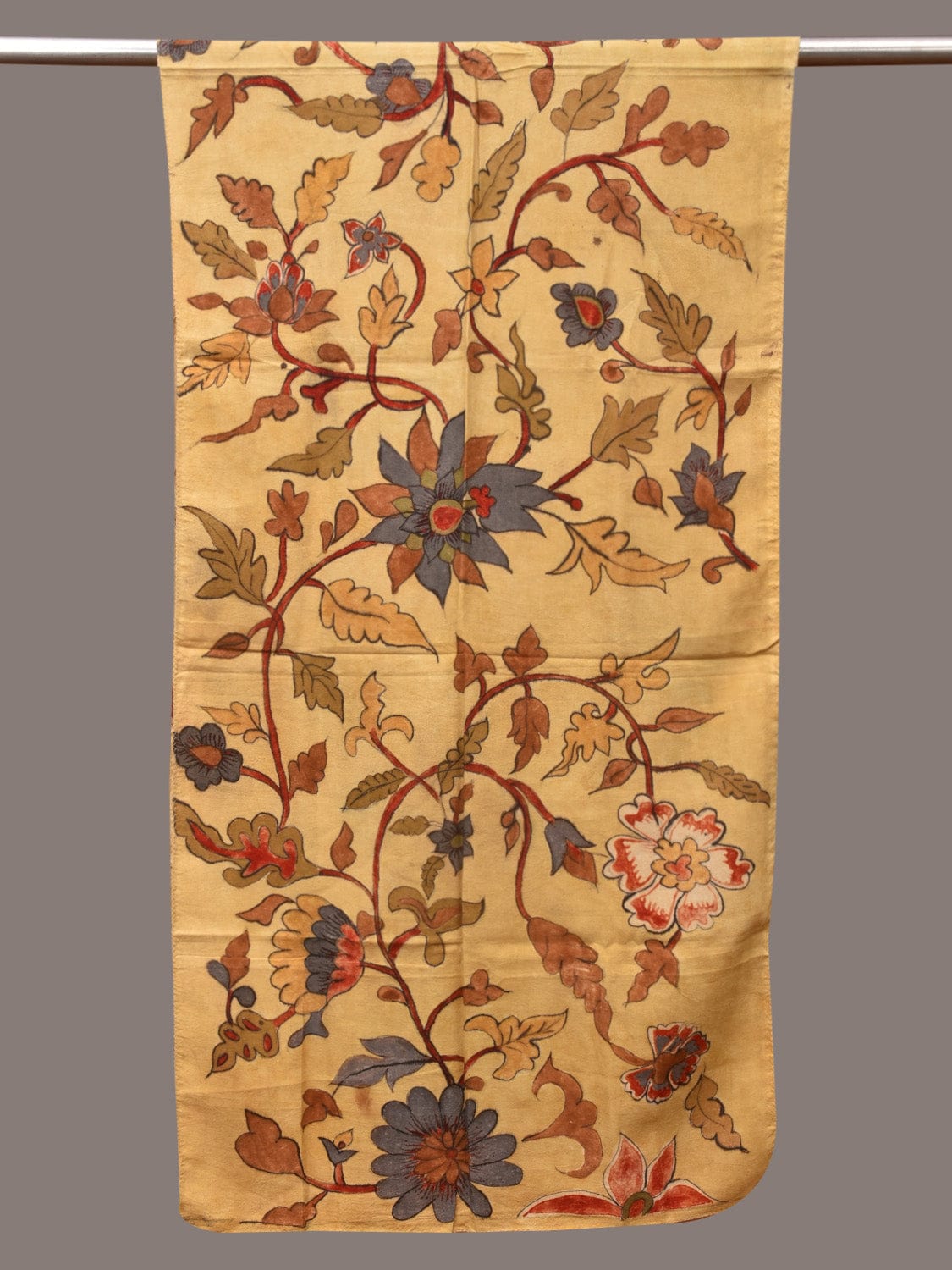 Light Yellow Kalamkari Hand Painted Sico Stole with Floral Design - Global Threads - Distacart