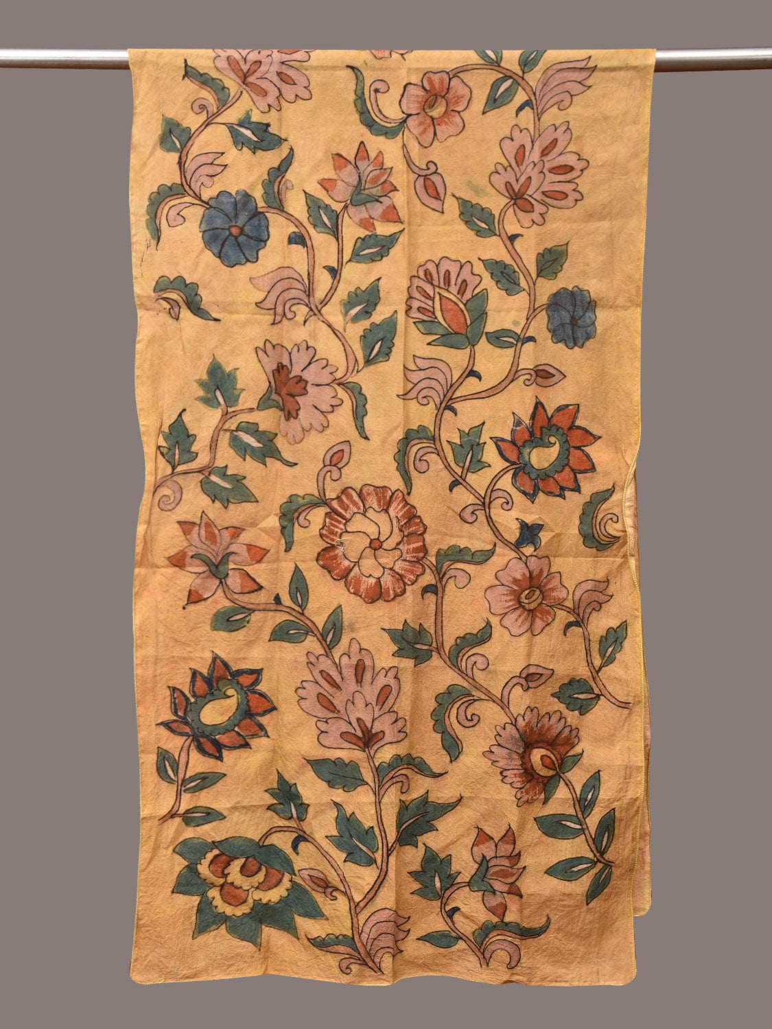 Light Yellow Kalamkari Hand Painted Sico Stole with Floral Design - Global Threads - Distacart