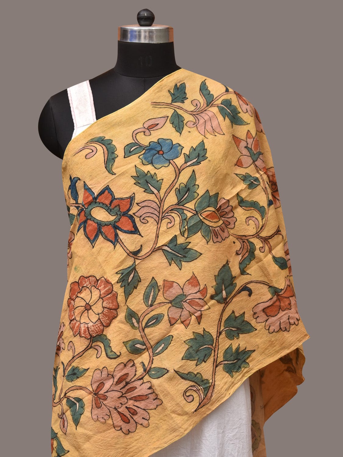 Light Yellow Kalamkari Hand Painted Sico Stole with Floral Design - Global Threads - Distacart