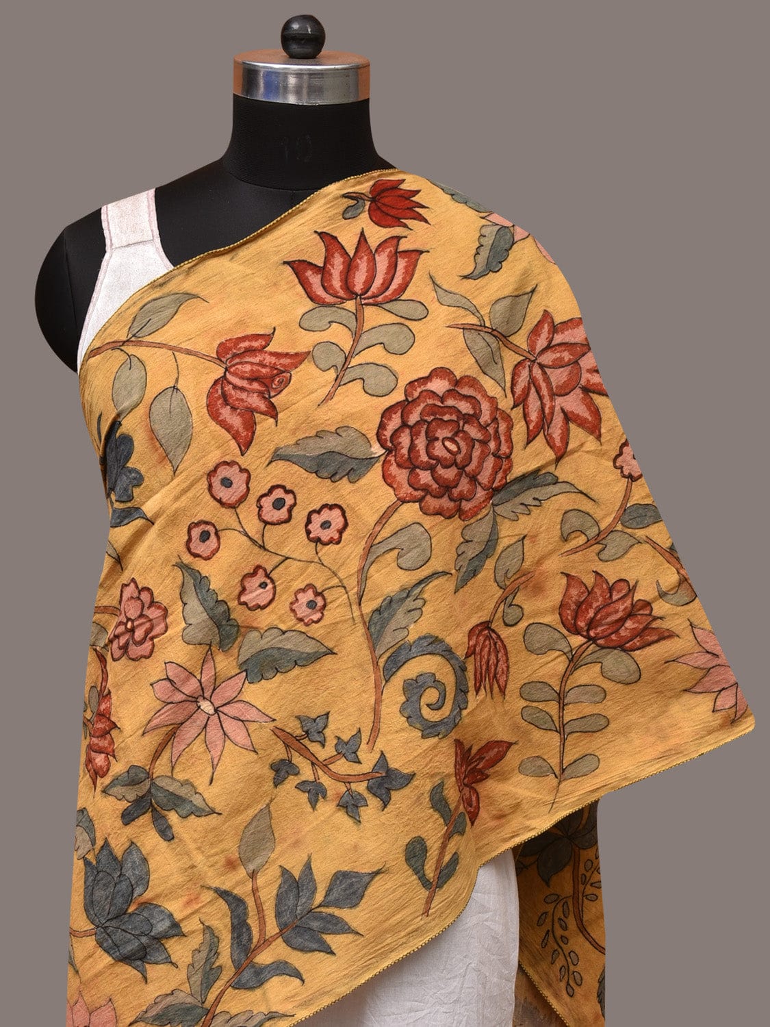 Light Yellow Kalamkari Hand Painted Sico Stole with Floral Design - Global Threads - Distacart