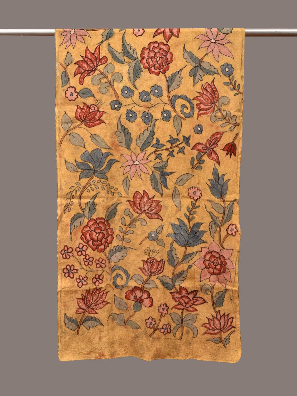 Light Yellow Kalamkari Hand Painted Sico Stole with Floral Design - Global Threads - Distacart