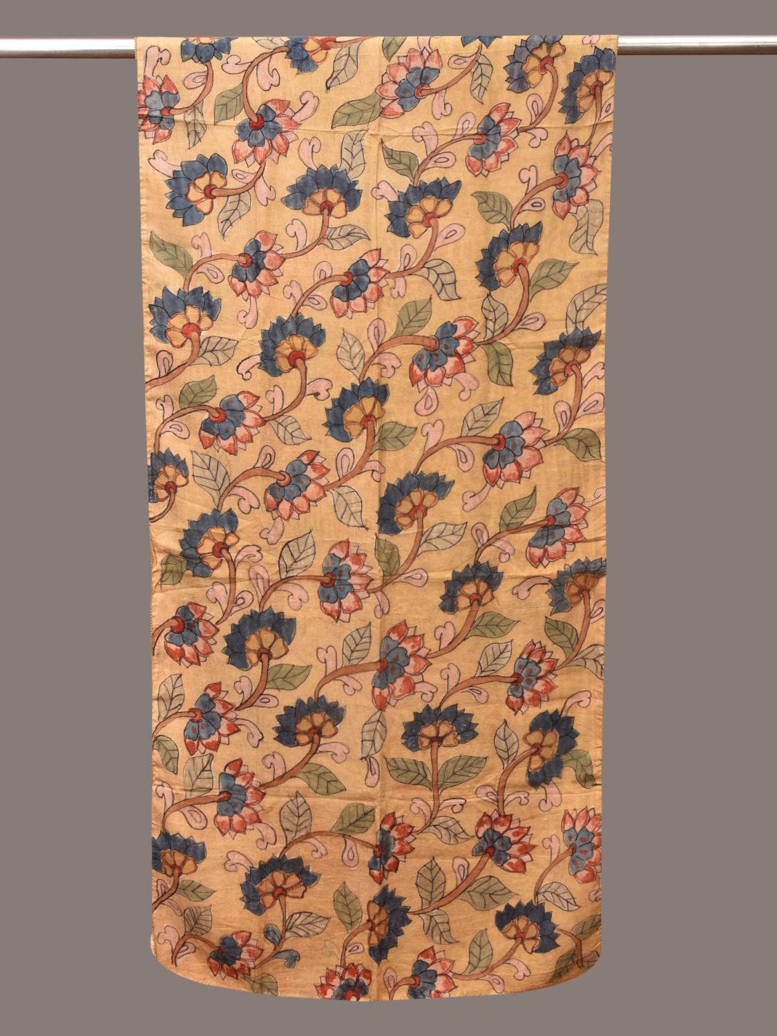 Light Yellow Kalamkari Hand Painted Sico Stole with Lotus Flowers Design - Global Threads - Distacart