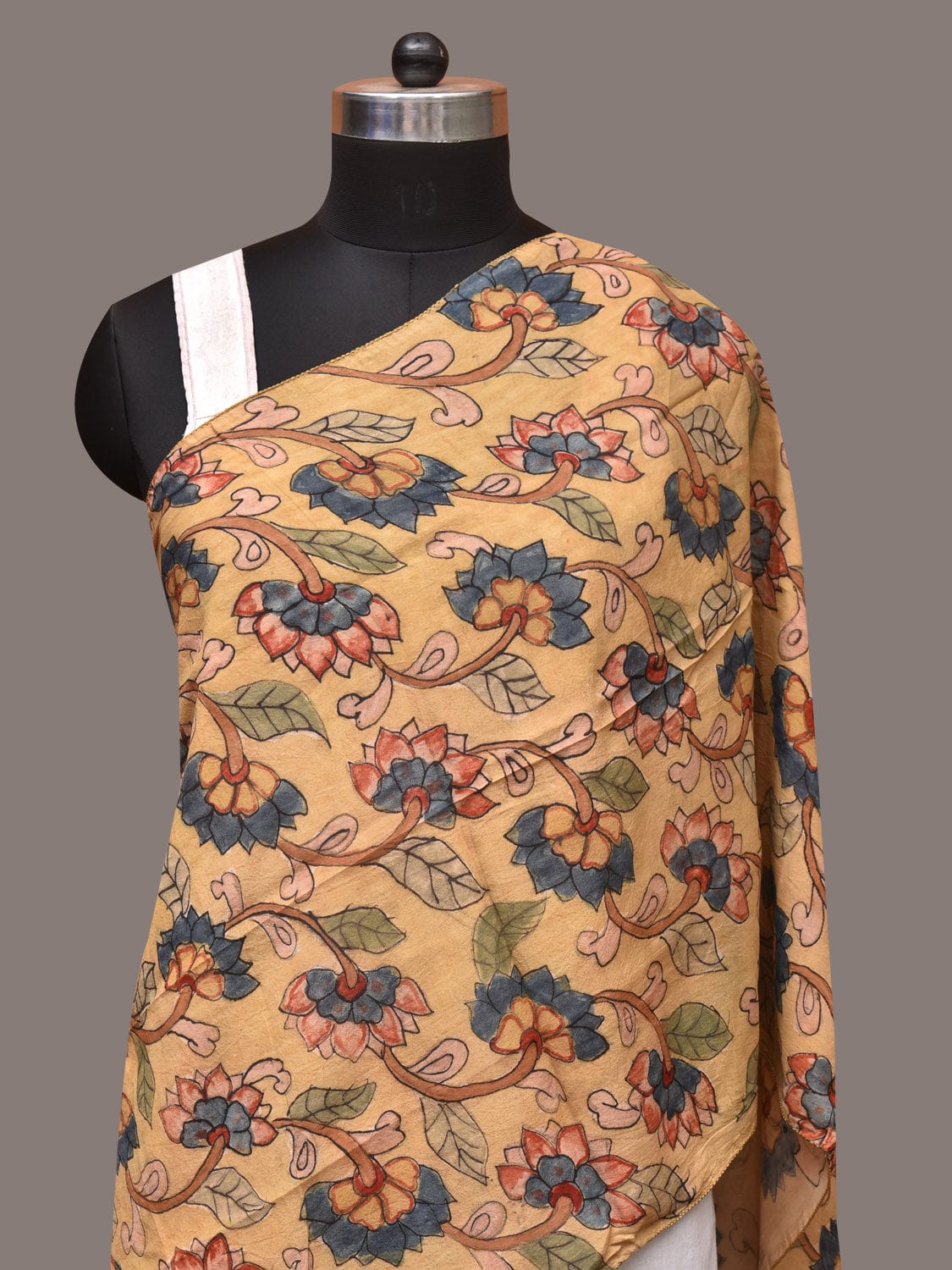 Light Yellow Kalamkari Hand Painted Sico Stole with Lotus Flowers Design - Global Threads - Distacart