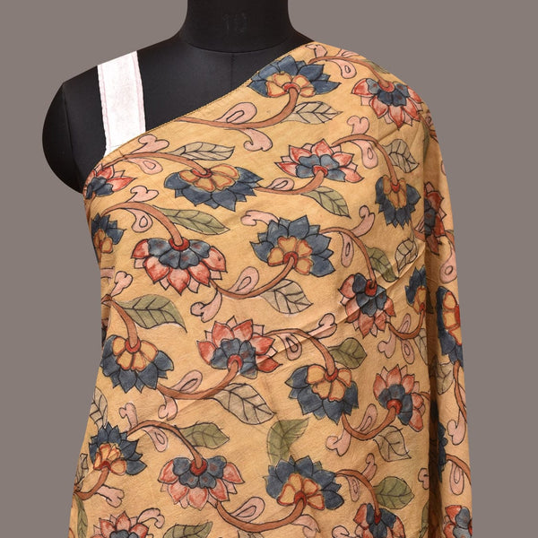 Light Yellow Kalamkari Hand Painted Sico Stole with Lotus Flowers Design - Global Threads - Distacart