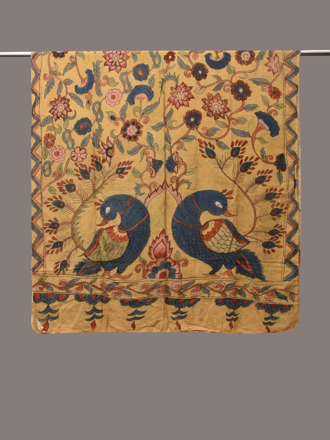 Light Yellow Kalamkari Hand Painted Silk Handloom Dupatta with Floral and Peacocks Design - Global Threads - Distacart