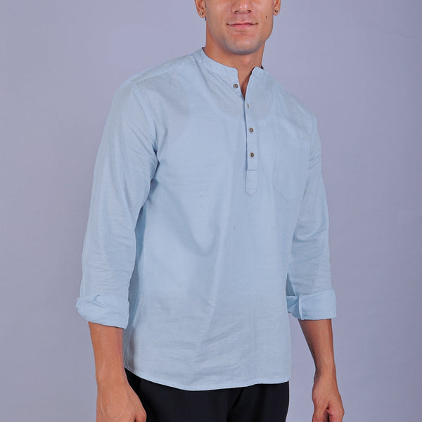 Bluebird Men's Short Kurta in Sky Blue - 100% Pure Cotton - Distacart