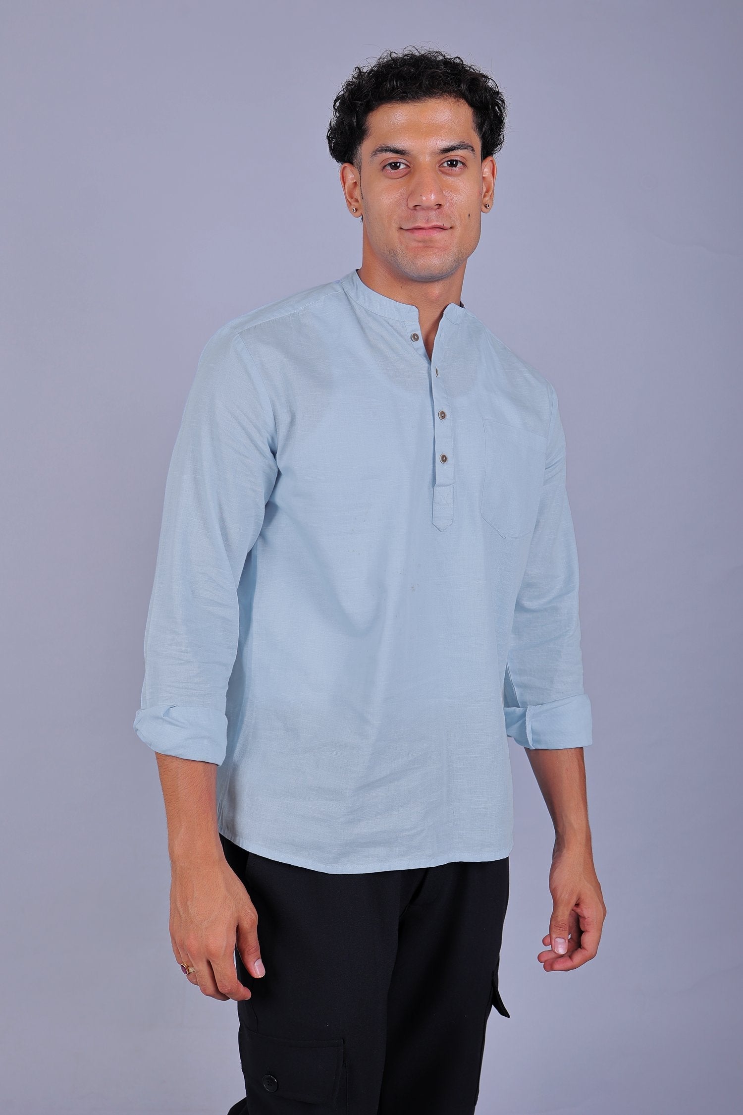 Bluebird Men's Short Kurta in Sky Blue - 100% Pure Cotton - Distacart