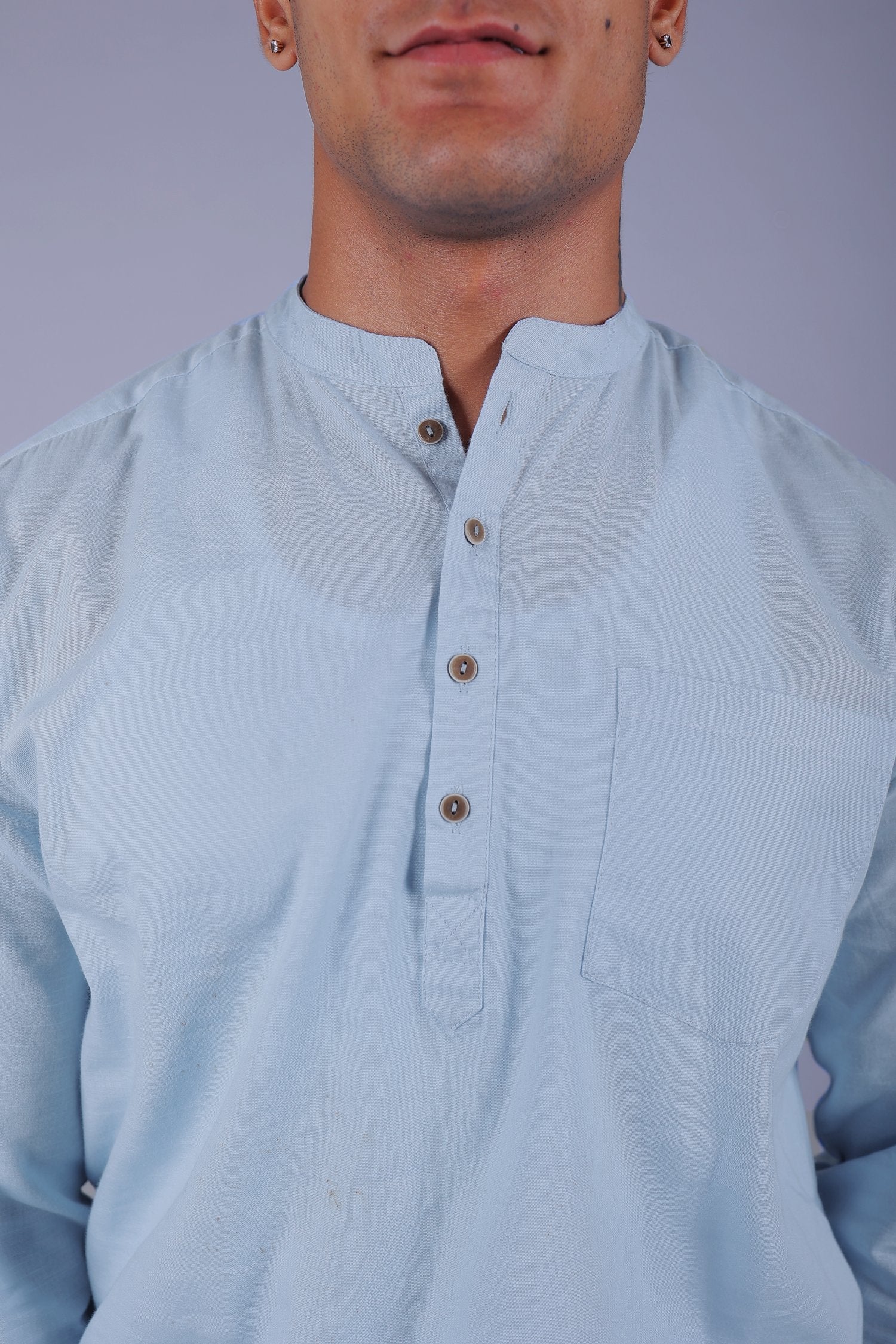 Bluebird Men's Short Kurta in Sky Blue - 100% Pure Cotton - Distacart