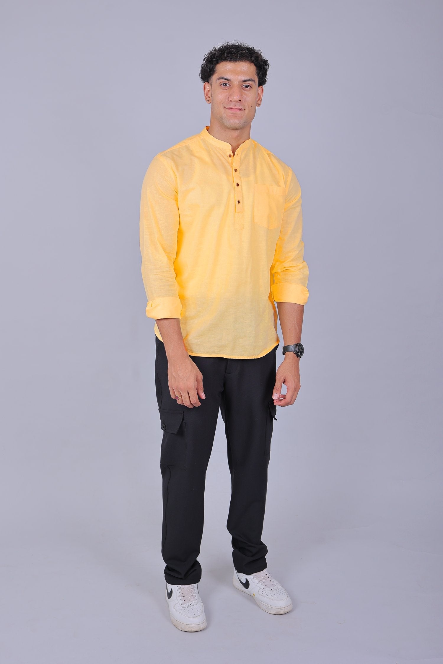 Bluebird Men's Short Kurta in Light Mango - 100% Pure Cotton