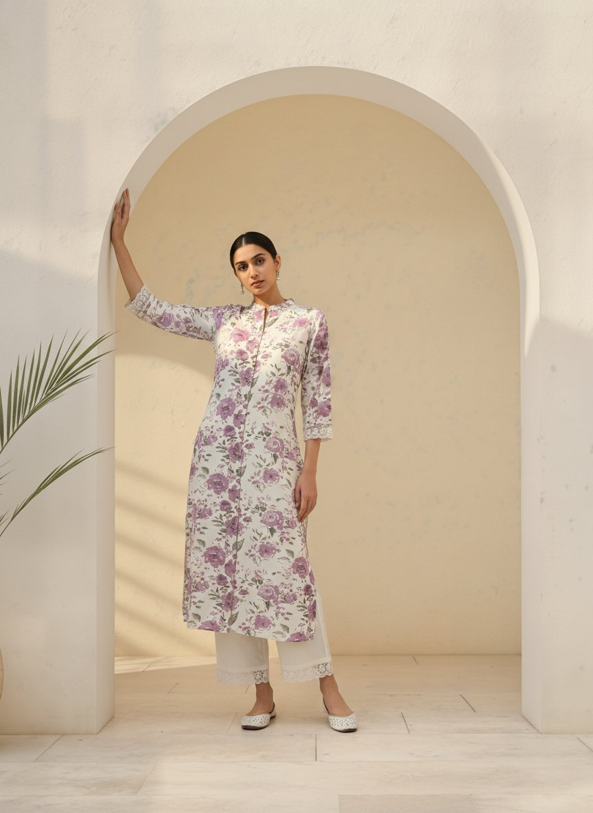 BulBul Lily Purple Floral Printed Rayon Kurta Set