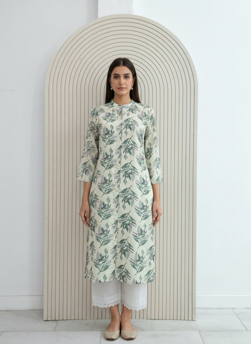 BulBul Lily Green Leaf Printed Rayon Kurta Set - Distacart