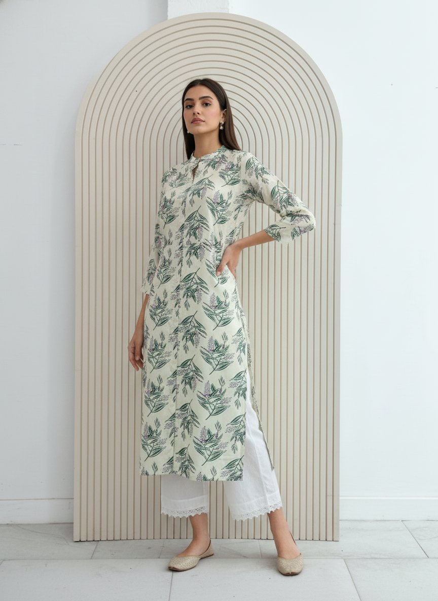 BulBul Lily Green Leaf Printed Rayon Kurta Set