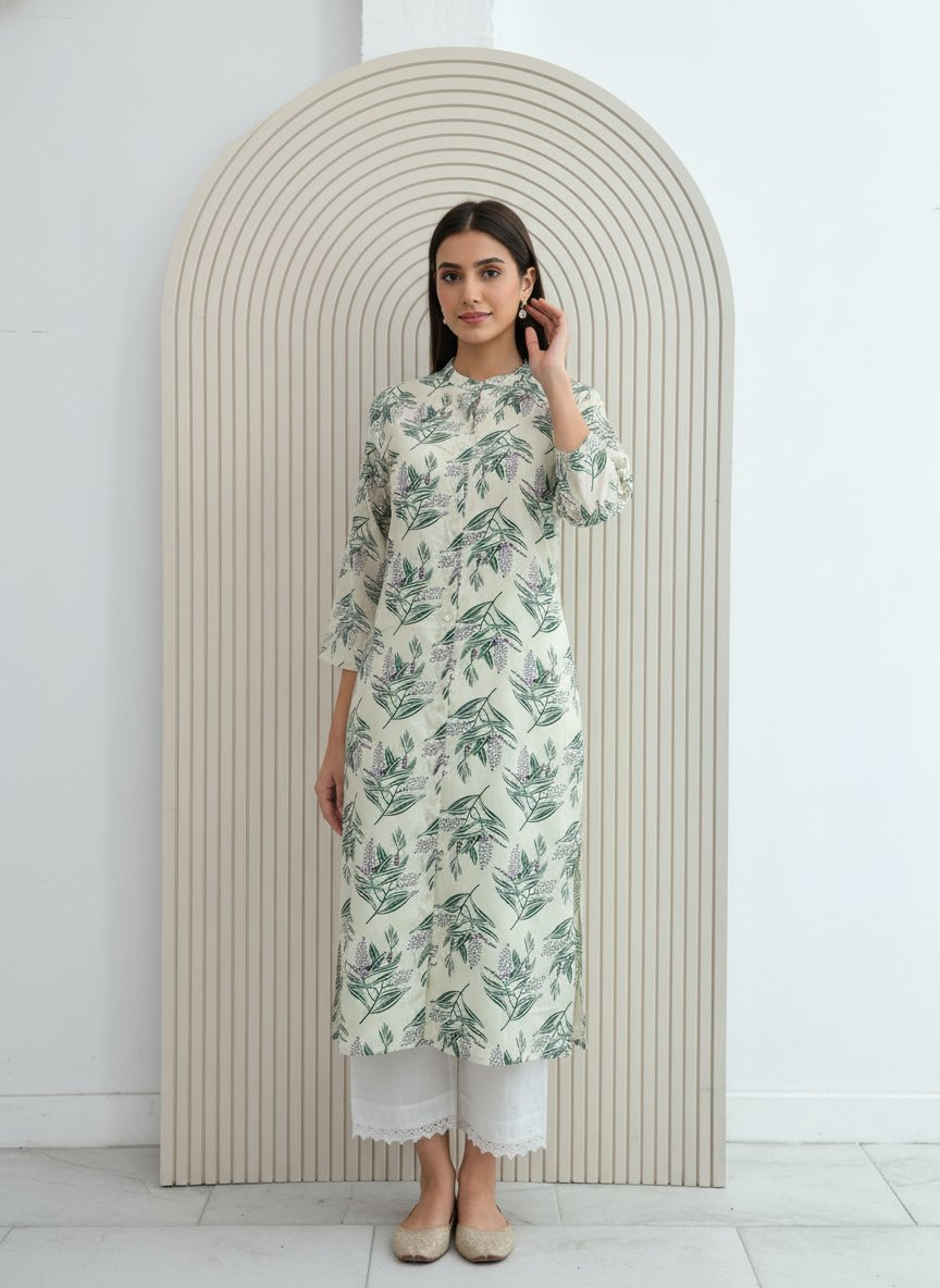 BulBul Lily Green Leaf Printed Rayon Kurta Set