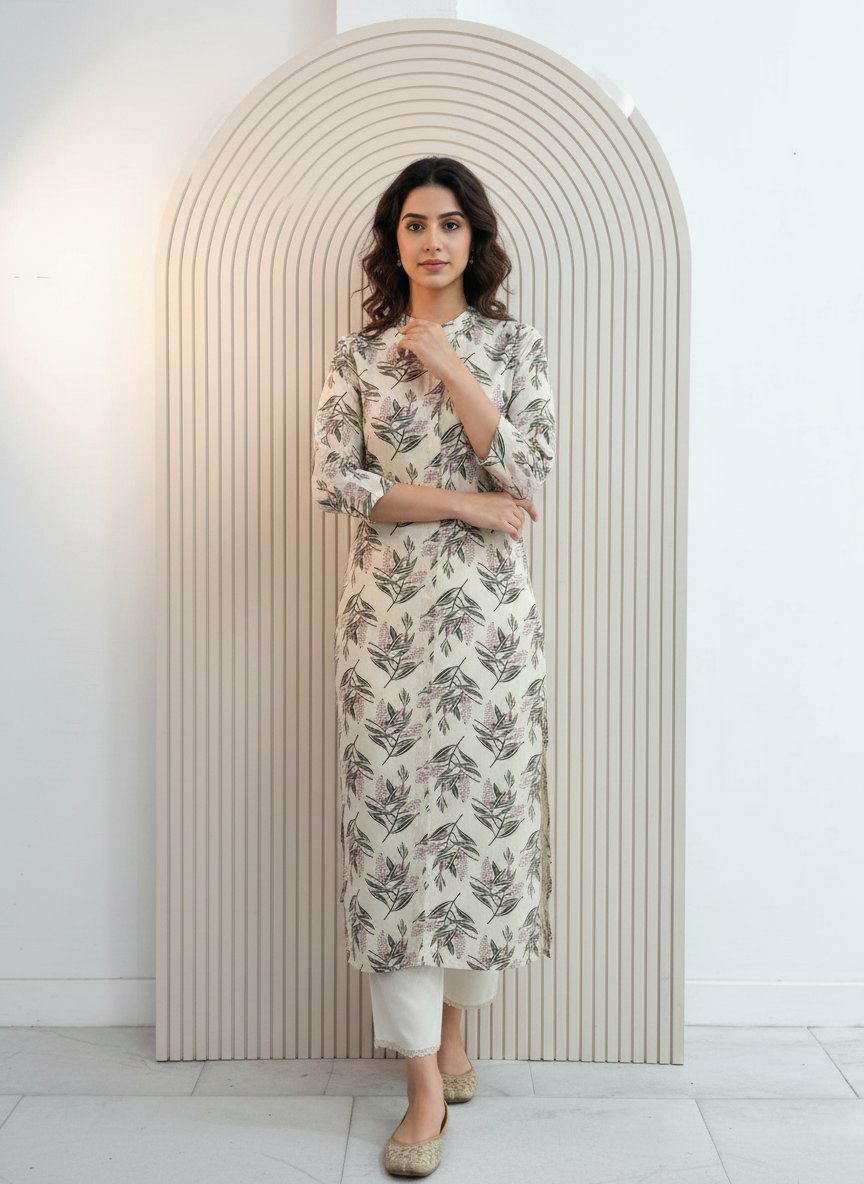 BulBul Lily Olive Leaf Printed Rayon Kurta Set - Distacart