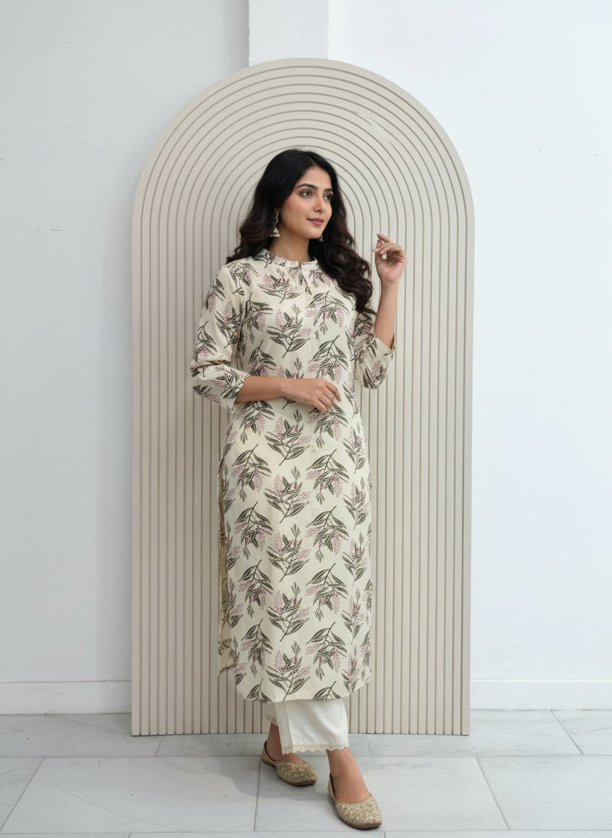 BulBul Lily Olive Leaf Printed Rayon Kurta Set