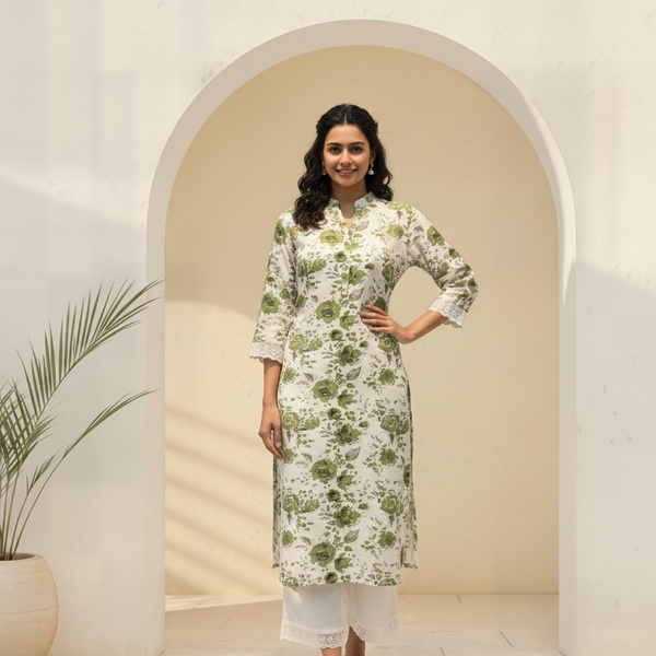 BulBul Lily Green Floral Printed Rayon Kurta Set
