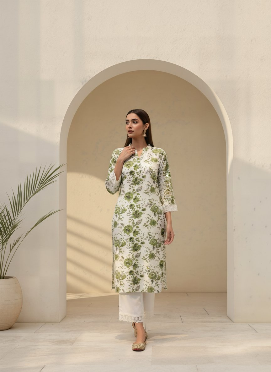 BulBul Lily Green Floral Printed Rayon Kurta Set