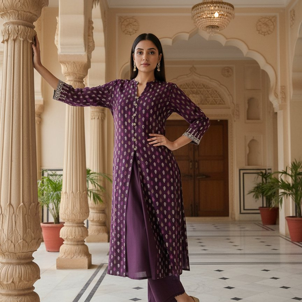 BulBul Lily Wine Printed Rayon Kurta Set