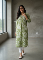 Thumbnail for BulBul Lily Floral Green Printed Rayon Kurta Set