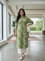 Thumbnail for BulBul Lily Floral Green Printed Rayon Kurta Set