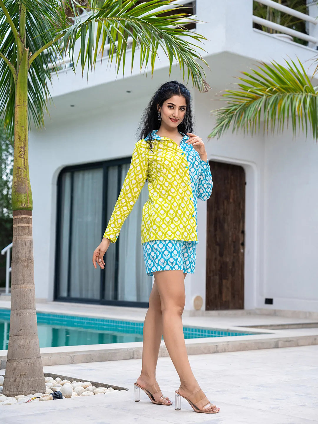 Yufta Lime Green & Blue Cotton Colour Blocking Co-Ord Set - Distacart
