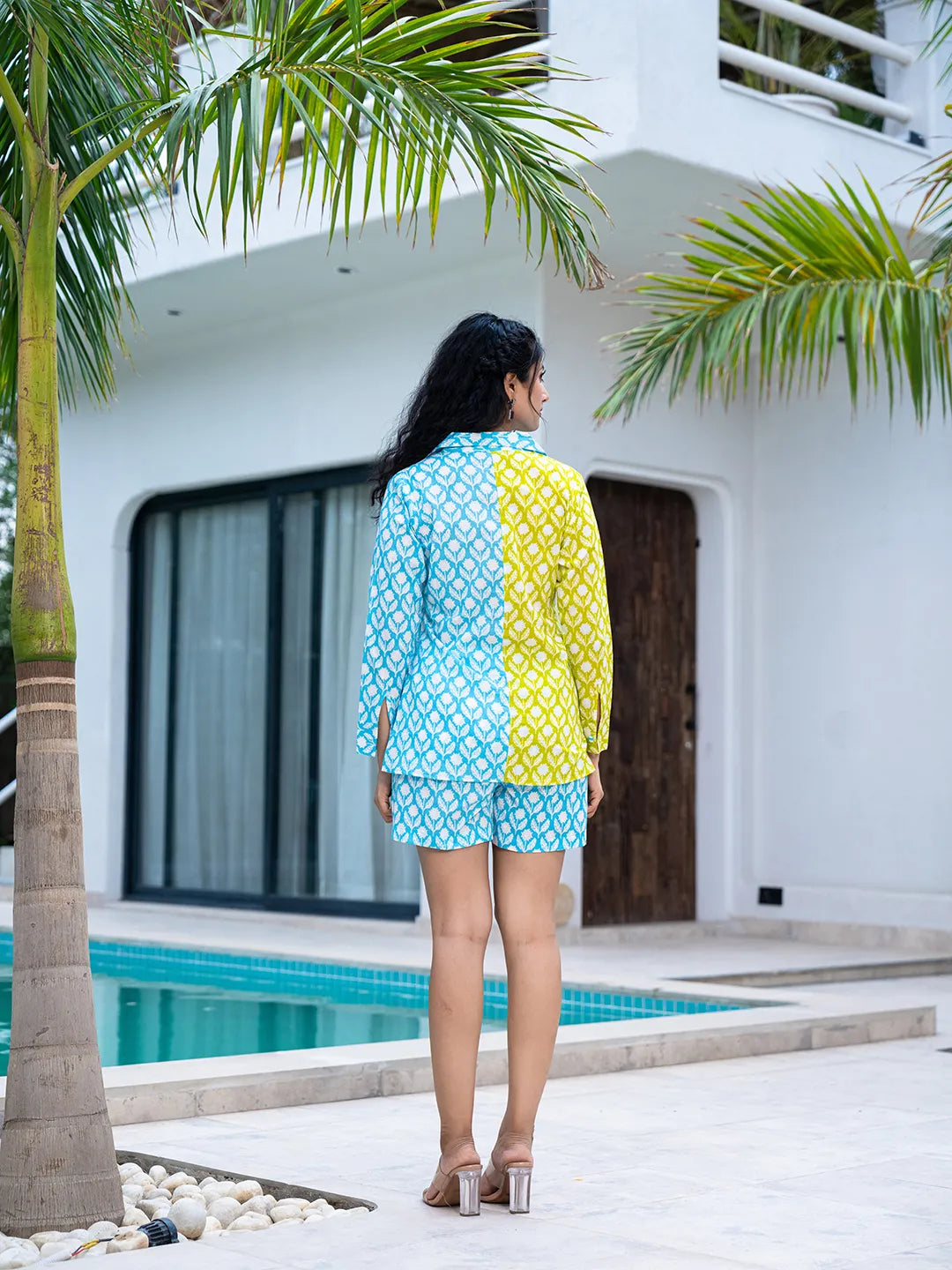 Yufta Lime Green & Blue Cotton Colour Blocking Co-Ord Set