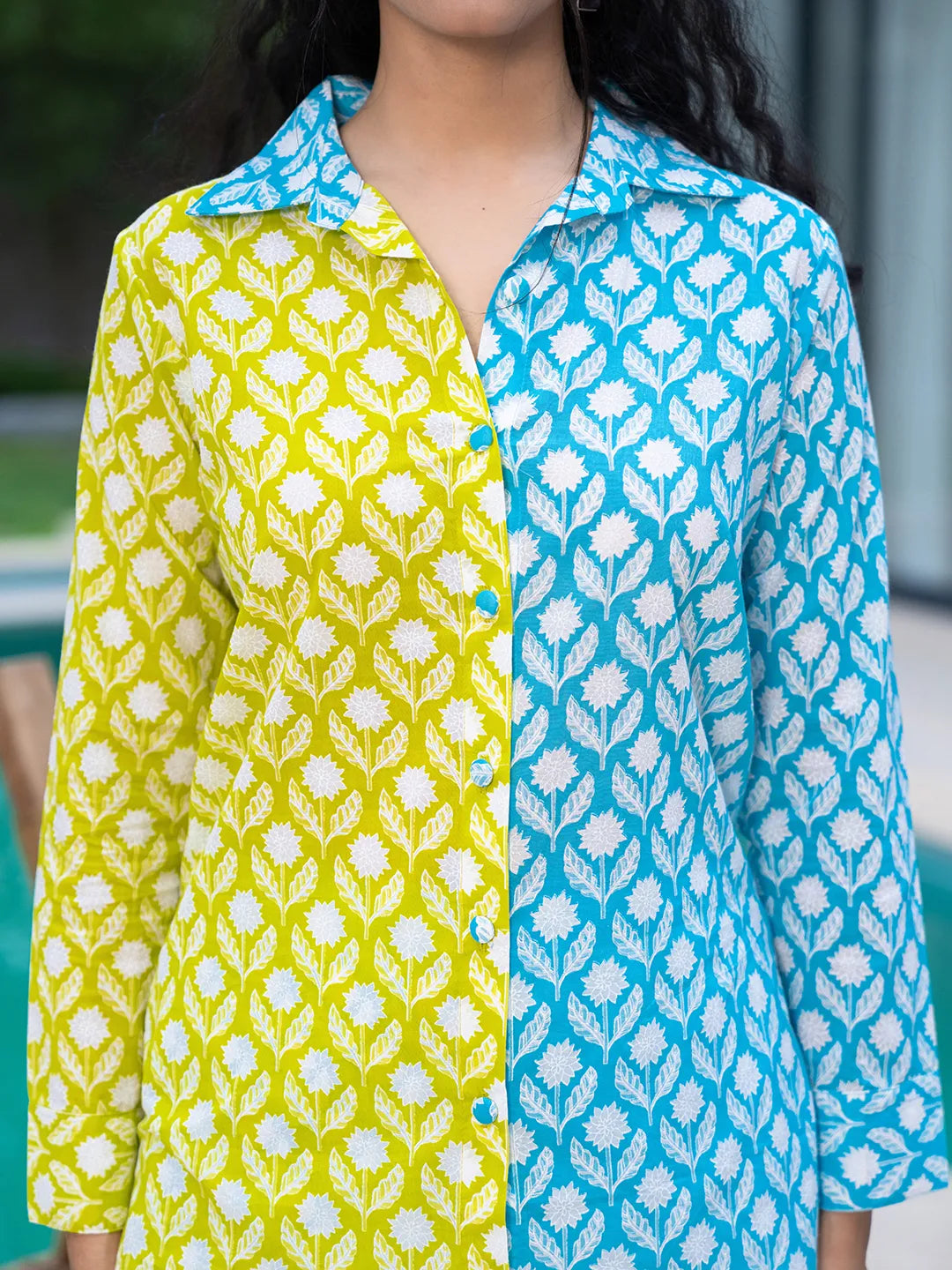 Yufta Lime Green & Blue Cotton Colour Blocking Co-Ord Set