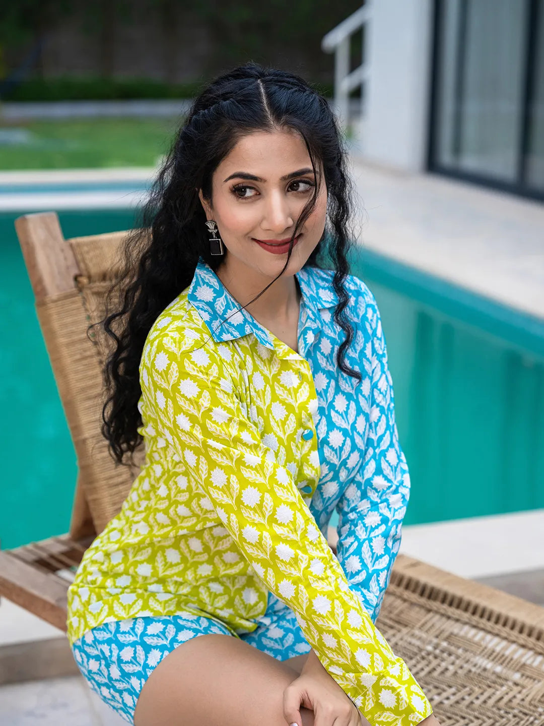 Yufta Lime Green & Blue Cotton Colour Blocking Co-Ord Set