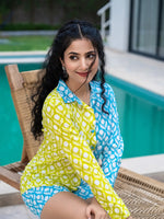 Thumbnail for Yufta Lime Green & Blue Cotton Colour Blocking Co-Ord Set
