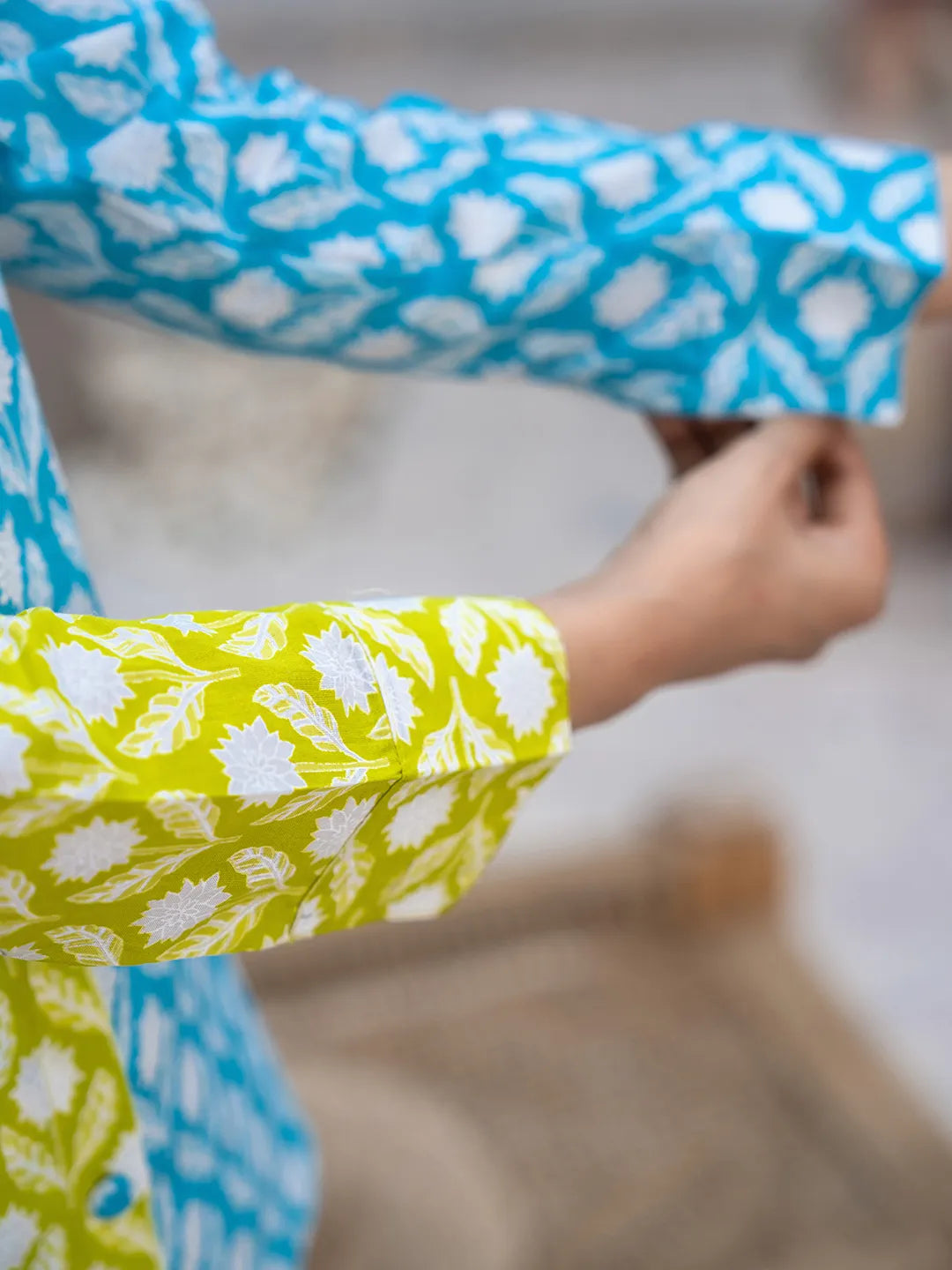 Yufta Lime Green & Blue Cotton Colour Blocking Co-Ord Set