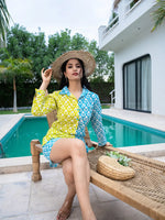 Thumbnail for Yufta Lime Green & Blue Cotton Colour Blocking Co-Ord Set