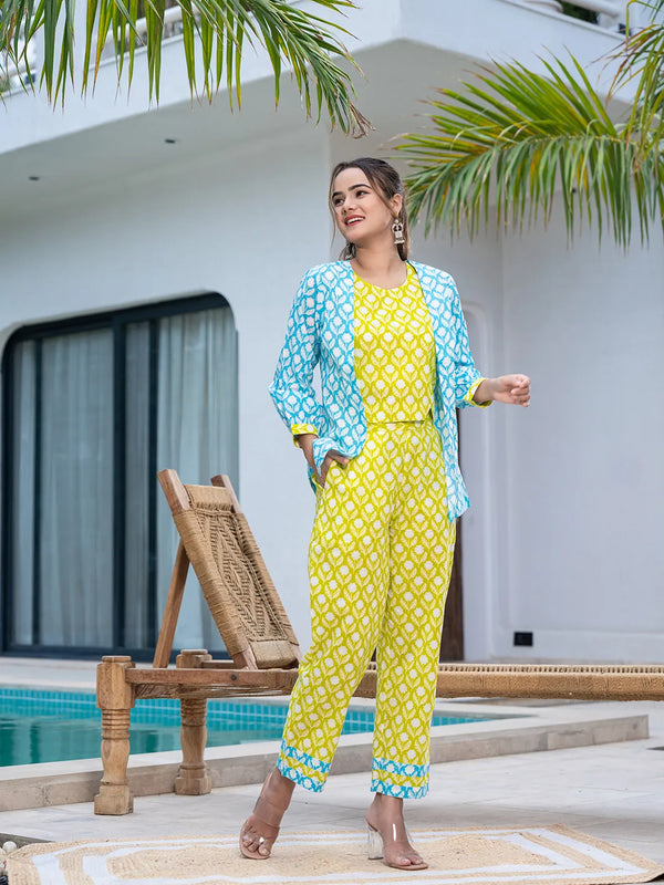 Yufta Lime Green & Sky Blue Co Ord Set Add Jacket