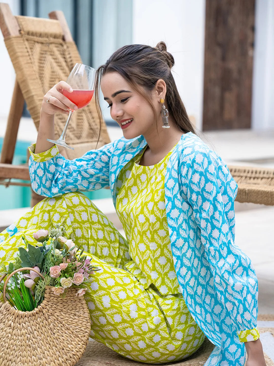 Yufta Lime Green & Sky Blue Co Ord Set Add Jacket