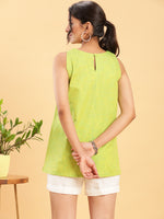 Thumbnail for BohoJazz Lime Green Top with Motif and White Shorts Co-ord Set