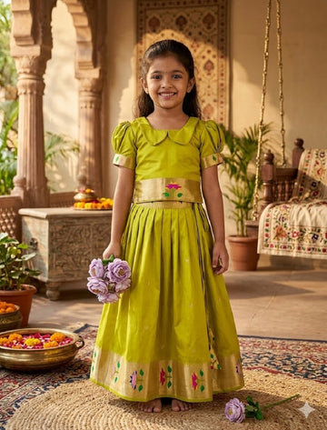 Evanik Green Soft Silk Paithani Design Zari Weaving Pavadai Lehenga Choli For Kids - Dista